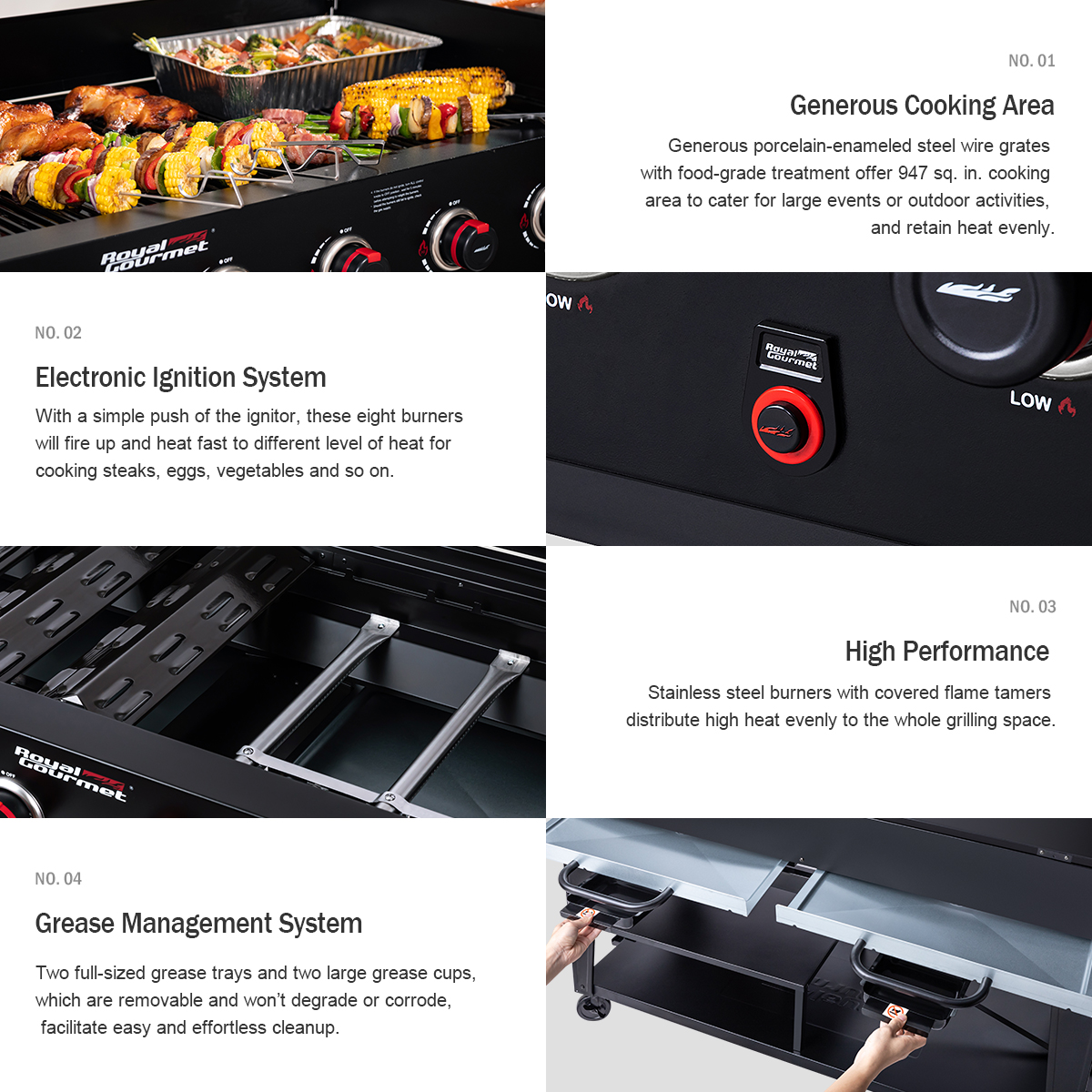 Royal Gourmet GB8003 8-Burner Event Propane GAS Grill with 2 Folding Side Tables in Black